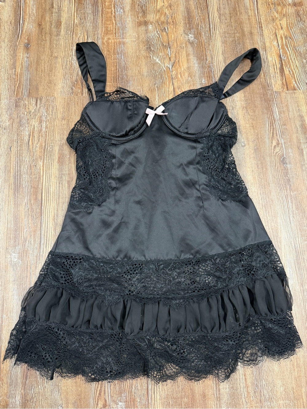 Vintage Victoria's Secret black lace babydoll dress with ruffled hem and bow det